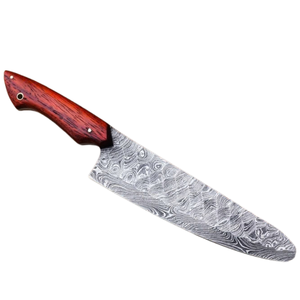 Couteau de chef à motif Damas argenté avec manche en bois brun rougeâtre, lame large, couteau de cuisine pour trancher la viande et les légumes - Product Image 1
