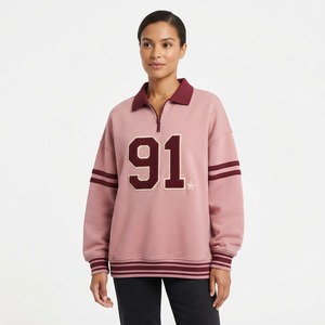 Sweat-shirt gris rose à col rabattu pour femme, manches longues, fermeture éclair, vêtements décontractés d'automne - Product Image 5