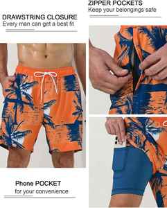 Custom Sublimated <b>Mens</b> Swim Trunks Quick Dry Swimming <b>Shorts</b> with <b>Compression</b> Liner and Zipper Pockets - Product Image 2
