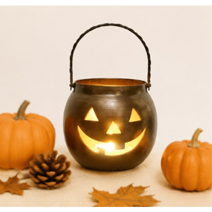 Antique Metal Jack-O-Lantern Pumpkin Candle Holder Handcrafted Iron Halloween Votive <b>Stand</b> with Handle Hanging Tealight Lantern - Product Image 5