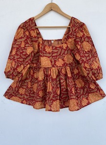 Rust Orange Floral Print Cotton Blouse Square Neck 3/4th Sleeve Boho Summer Top Women Garment Manufacturer - Product Image 1