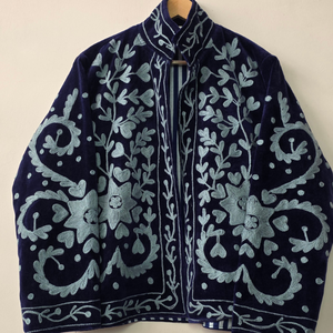 Morvi-Fab #70 <b>Women</b>’s Navy Blue <b>Embroidered</b> <b>Jacket</b>, White Floral Suzani Design, Striped Cuff Detail, Boho Ethnic Outerwear, - Product Image 3
