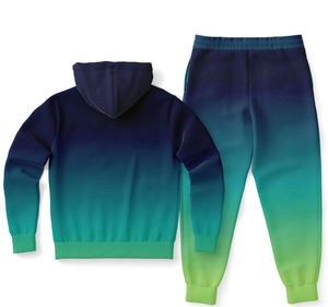Blue Green Ombre Fleece Eco-Friendly Hoodie Jogger <b>Set</b> Unisex <b>Tie</b> Dye Gradient Tracksuit Cotton Hooded Sweatshirt Sweatpants - Product Image 2