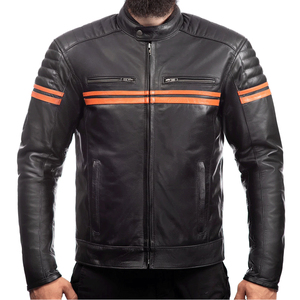 Blouson en cuir noir pour homme, style motard, avec bandes rouges et épaules matelassées, fermeture éclair, vêtement d'extérieur tendance, fabricant - Product Image 3