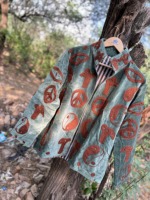 Veste bomber en velours tissé vert sauge faite à la main pour femmes, en coton brodé de fleurs, col mandarin, manches longues, réversible, 400g