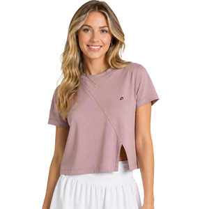 Camiseta Corta Asimétrica Color Malva para Mujer, Blusa Casual de Manga Corta con Cuello Redondo, Fabricada con Algodón y Spandex de Primera Calidad para Verano - Product Image 1