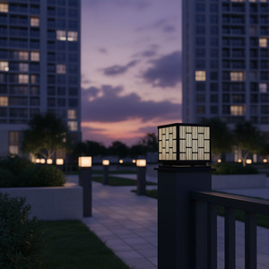 Exterior Geometric LED Pillar <b>Light</b>, 8-inch Black Steel Outdoor Villa <b>Post</b> Lantern, Warm 220V Decorative Gate Lamp - Product Image 4