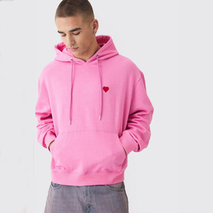 High Quality Custom Heart Embroidered Pink Oversized Pullover Kangaroo Pocket Hoodies Men Breathable Quick Dry 100% Cotton - Product Image 1