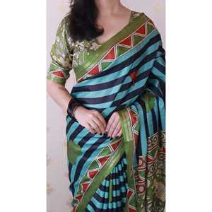 Sari indien élégant pour enfants, en soie Tussar douce bleu aqua, rayé, imprimé traditionnel, tissé Zari, de la marque Elite Weaves - Product Image 5