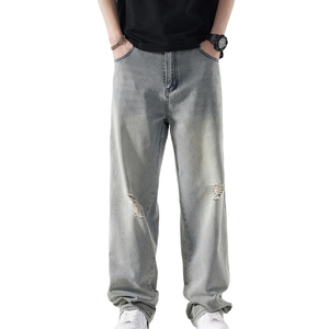 Pantalon large en denim gris délavé pour homme, taille élastique, style décontracté, en coton respirant, mode printemps - Product Image 2