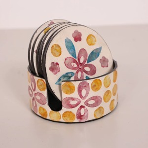 Hand-Painted Floral MOP Inlay Round <b>Coaster</b> <b>Set</b> with 10 CM Diameter and Matching Metal Holder From REHMAN CRAFT - Product Image 3