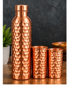 Traditional Copper <b>Water</b> <b>Bottle</b> Set with Floral Design Portable Travel Drinkware <b>Metal</b> Flask and Cups - Product Image 5