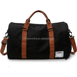 Premium Black Travel Duffle Bag Large Capacity Waterproof Oxford Weekender with Brown Contrast Straps and Padded Shoulder Strap - Product Image 2