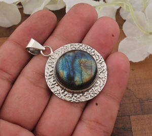 Breloques Vintage en Labradorite Naturelle, Motif Fleur, en Argent Sterling 925 Plaqué Platine, Sertissage Clos, Pierre Précieuse à Effet de Feu, Style Antique - Product Image 1