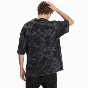 Oversized <b>Tie</b>-Dye Cotton T-Shirt <b>Men's</b> Short Sleeve O-Neck Street Style Jersey Fabric <b>Black</b> Patterned Drop Shoulder Fit - Product Image 2