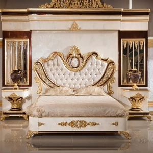 Ensemble de chambre à coucher King Size de luxe en acajou massif doré, style antique européen, sculpté à la main, meubles rembourrés, fabriqué en Indonésie, livraison gratuite - Product Image 2