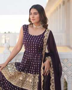 Premium Winter Fancy Gharara Salwar Kameez Set 5mm Bordado Faux Georgette Flared Plazzo Butter Crepe Vestido con forro interior - Product Image 5