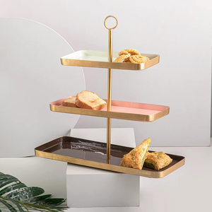 3 Tier Rectangle Metal Cake Stand Serving Tray Set Reusable Gold <b>Frame</b> Pastel Colored Trays - Product Image 1