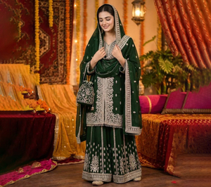 Elegante Vestido Verde Bordado para Mujer, Estilo Tradicional Indio y Pakistaní, para Bodas y Fiestas, Largo Midi, Corte Regular, Sin Arrugas - Product Image 1