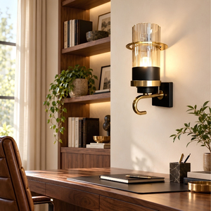 Artisan Modern Brass & Black Wall Sconce, Fluted Glass Cylinder <b>Light</b> Fixture <b>with</b> J-Hook Arm for Living Room - Product Image 4