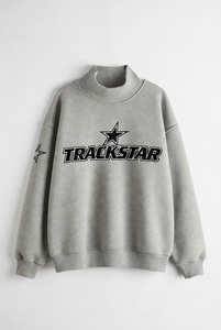 Sudadera Oversize de Cuello Alto para Mujer, Color Azul Marino Sólido con Gráfico Trackstar Dorado, Informal, de Manga Larga, para Invierno, Estilo Urbano - Product Image 3