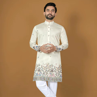 Setelan Kurta Pajama Pria Tradisional Sutra Kerajaan Bordir Tebal Anti Kusut Panjang Selutut untuk Pakaian Pernikahan & Diwali