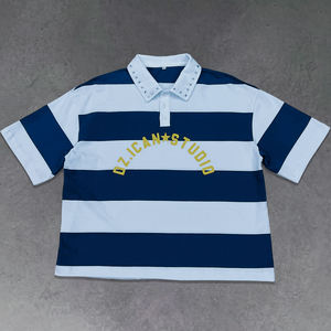 Camiseta Polo Retro de Rugby para Hombre, con Estampado de Franjas, Remaches y Botones, de Algodón, Corte Cuadrado y Recortado, de Alta Calidad - Product Image 2