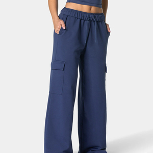 Women's High Waisted Loose <b>Cargo</b> <b>Pants</b> Navy Blue Fleece Drawstring Elastic Waist Full Length Casual Joggers With Utility Pockets - Product Image 1