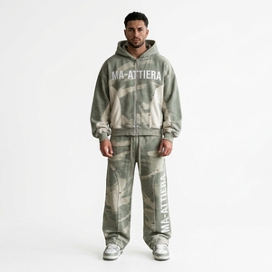 Men Sage Green <b>Camouflage</b> Zip Up Hoodie <b>Tracksuit</b> Set Oversized Loose Fit Streetwear Custom OEM ODM Wholesale - Product Image 1