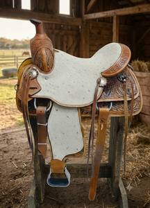 Hand Tooled <b>Leather</b> Western Saddle With <b>White</b> Hairhide Seat And Basket Weave <b>Skirts</b> - Product Image 1