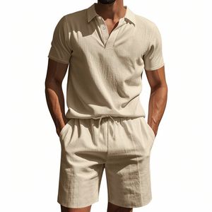 Conjunto Casual de Verano para Hombre de Dos Piezas, 100% Algodón, Traje de Playa Corto Tejido, Camisa y Pantalones en Colores Sólidos - Product Image 2
