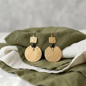73x35MM Size Black Chalcedony Hammered Handmade Brass Gold Silver Plated Trendy Round Hoop Earring for Wholesale Export - Product Image 3