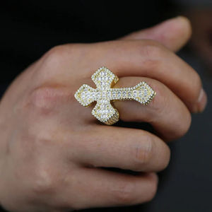Cross Shape Men's <b>Cocktail</b> <b>Ring</b> <b>Gold</b> Plated Brass Lab Created Cubic Zirconia Micro Pave Religious Jewelry Hip Hop Sale - Product Image 3