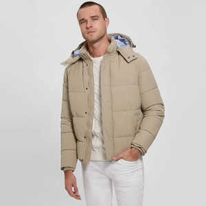 Chaqueta Acolchada con Capucha para Hombre, Color Beige, Cierre de Cremallera, Resistente al Viento, Abrigo Casual de Invierno, Corte Regular, Color Sólido, Relleno de Poliéster - Product Image 3