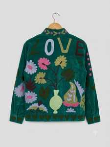 Green <b>Velvet</b> Knitted Embroidered Boho Quilted Cotton <b>Jacket</b> Floral Pockets Long Sleeve O-Neck Loose Fit Women Autumn Party Wear - Product Image 2