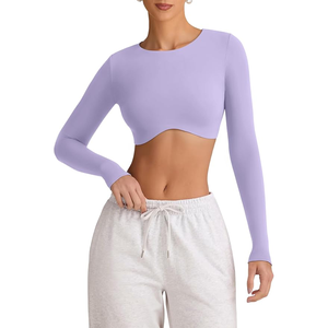 Haut de yoga sans couture pour femme, lavande, manches longues, col rond, couleur unie, avec découpes, vêtement de sport - Product Image 4