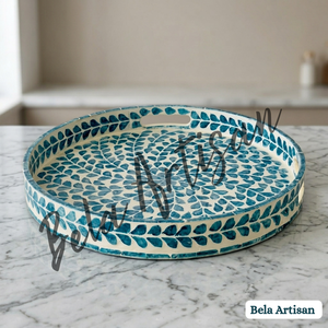 Bandeja y Plato Decorativo de Madera Hecho a Mano con Incrustaciones de Hueso Redondas y Patrón en Espiral de Pétalos Azul Turquesa para Ramadán y Bodas - Product Image 2
