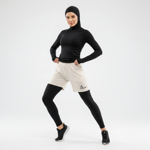 กางเกงขาสั้นกีฬาสำหรับผู้หญิงมุสลิมแบบ 2 in 1 เอวสูง แห้งเร็ว ระบายอากาศได้ดี เหมาะสำหรับวิ่ง ฟิตเนส โยคะ ออกกำลังกาย ทรงปกติ ป้องกันแสงแดด UPF50+ - Product Image 1