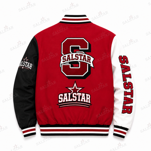 Veste de baseball universitaire personnalisée pour homme, noire et rouge, en laine avec manches en cuir, style bomber, vêtements personnalisés OEM - Product Image 2
