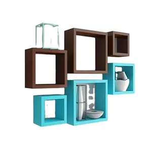 设计师手工制作的方形壁架书架浮动书架她的办公室房间棕色和天蓝色6件套