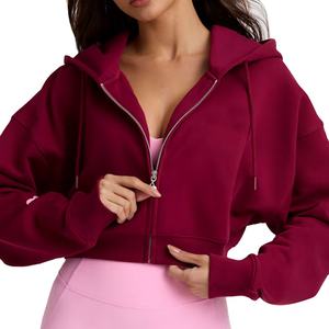 OEM Custom <b>Long</b> <b>Sleeve</b> Lightweight Hoodie Cotton Terry Zip up Oversized <b>Top</b> Women Workout Gym Cropped Hoodie Jackets - Product Image 3