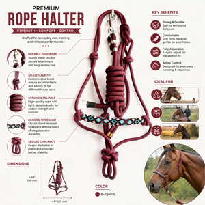 Harnais de cheval en corde bordeaux de qualité supérieure, robuste, pour l'entraînement, avec nezier tressé à la main, clip métallique, réglable, équipement équestre pour usage quotidien - Product Image 5