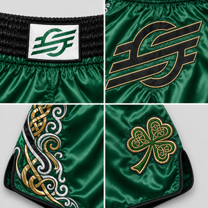 Pantalones Cortos de Boxeo Verdes con Bordado Celta Dorado en el Logotipo Frontal, Diseño Unisex, Corte Regular, Ligeros, de Secado Rápido, 160g, Ropa Deportiva de Combate - Product Image 6