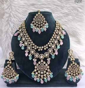 Ethnic Antique Gold Plated <b>Statement</b> <b>Necklace</b> Set Multi-Color Pastel Bead Fringe Choker with Drop Earrings and Tikka Set Festive - Product Image 1