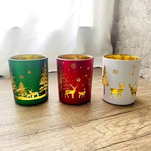 Metal & Glass Christmas Votive Holders <b>Set</b> Of 3 Festive Reindeer Tree Design In Red Green & White <b>Colour</b> For Decor And Gifting - Product Image 1