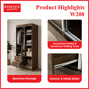 ตู้เสื้อผ้าแบบพับได้สองบาน รุ่นโมเดิร์น วัสดุแผ่นชิปบอร์ด ยี่ห้อ Wholesale Essence Malaysia รุ่น W208 สีวอลนัทกราไฟต์เกรย์ พร้อมลิ้นชัก 2 ช่อง - Product Image 6