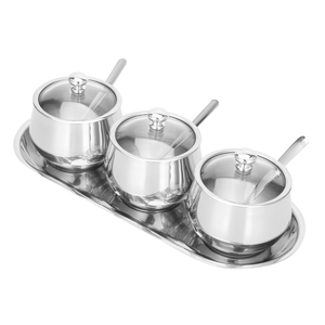 Pots à sucre en acier inoxydable, design moderne, 3 pièces avec plateau, fabrication sur mesure, fournisseur en gros - Product Image 1