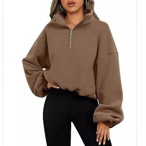 Sweat-shirt oversize pour femme à col montant et fermeture éclair, couleur unie, épaules tombantes, manches longues, en coton tricoté, style décontracté, pour l'automne, OEM ODM - Product Image 1