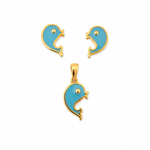 Ensemble de boucles d'oreilles pendantes en or jaune 18 carats avec saphir, motif dauphin, pour femme, finition polie, design animalier, cadeau de mariage ou de fête, bijoux - Product Image 2