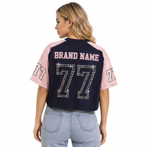 Premium Women Pearl Beaded Crop Top Custom Logo Boutique Apparels OEM Bulk American Football Jersey <b>Polyester</b> <b>Tshirt</b> Mesh Panel - Product Image 2
